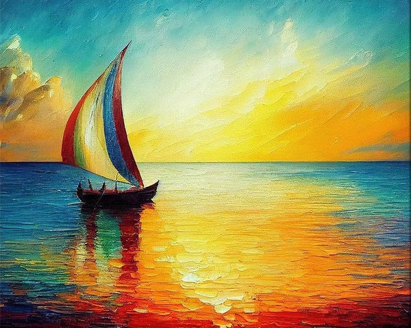 Simple Landscape Artwork, Easy Painting Ideas on Canvas, Small Sail Boat Sunset Painting, Simple Acrylic Painting Ideas, Easy Hand Paitned Canvas Art on Canvas-LargePaintingArt.com