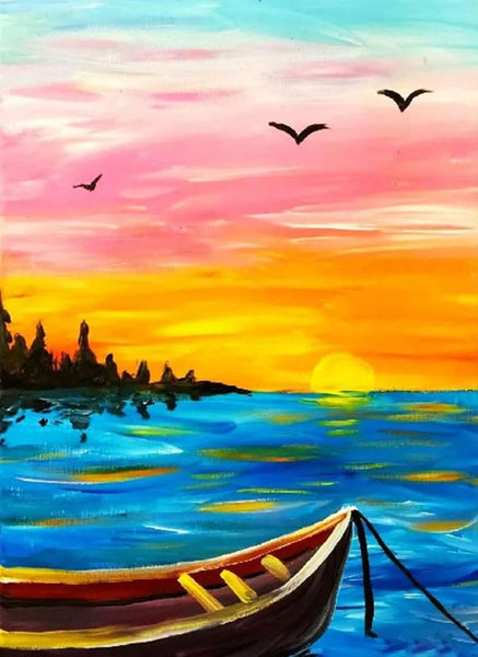Small Boat Sunset Painting, Simple Landscape Artwork, Easy Hand Paitned Canvas Art on Canvas, Simple Painting Ideas on Canvas, Easy Acrylic Painting Ideas-LargePaintingArt.com
