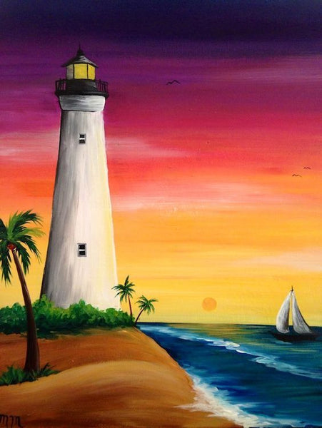 Small Acrylic Painting on Canvas, Small Seashore Lighthouse Sail Boat Painting, Simple Landscape Artwork, Easy Painting Ideas on Canvas, Simple Acrylic Paintings-LargePaintingArt.com