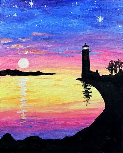Small Seashore Lighthouse Landscape Painting, Small Canvas Artwork, Simple Landscape Art on Canvas, Simple Acrylic Paintings, Easy Painting Ideas on Canvas-LargePaintingArt.com