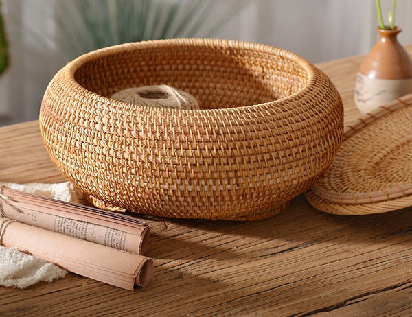 Rattan Storage Basket for Kitchen, Storage Basket for Picnic, Small Storage Baskets, Round Storage Basket with Lid, Woven Storage Baskets-LargePaintingArt.com