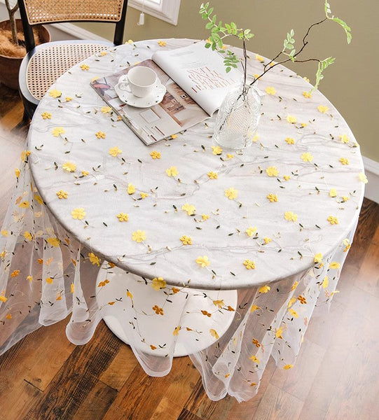 Yellow Flower Lace Tablecloths, Extra Large Rectangular Tablecloth for Oval Table, Lace Embroidered Table Covers, Rectangular Table Covers for Coffee Table-LargePaintingArt.com