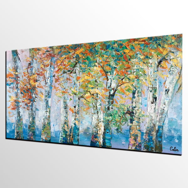 Birch Tree Paintings, Landscape Wall Art Paintings, Custom Canvas Painting for Bedroom, Original Canvas Painting-LargePaintingArt.com