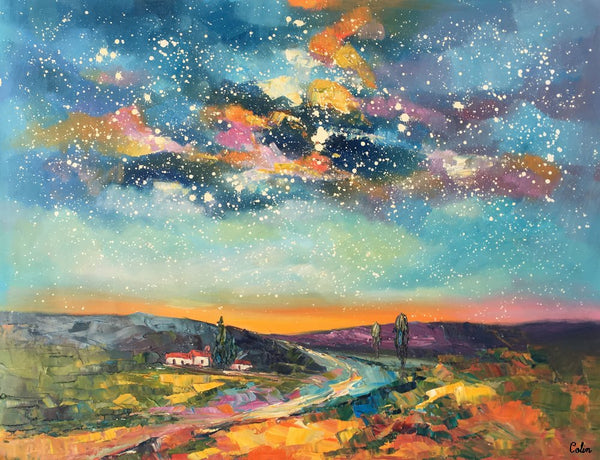 Canvas Wall Art, Abstract Landscape Art, Starry Night Sky, Bedroom Wall Art, Custom Abstract Art Painting, Oil Painting-LargePaintingArt.com