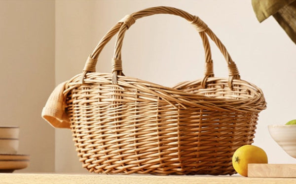 Large Kitchen Storage Baskets, Picnic Storage Basket with Handle, Hand-woven Wicker Storage Basket, Willow Weaving Baskets for Vegetable, Natural Fruit Basket-LargePaintingArt.com