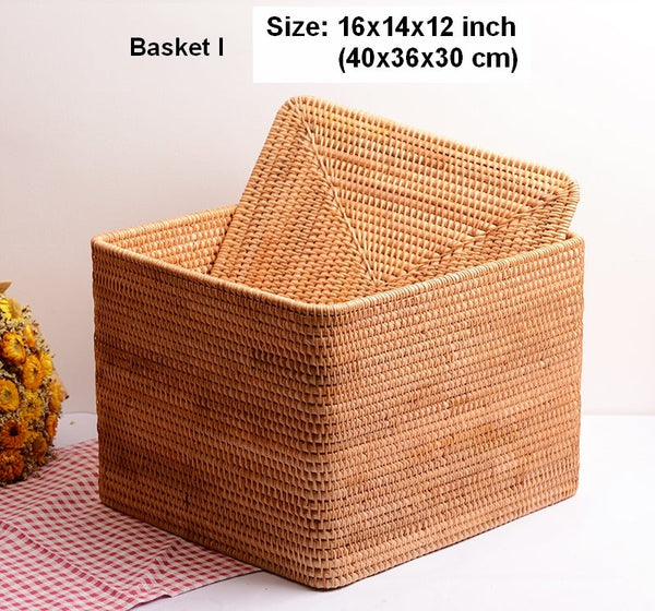 Woven Storage Baskets, Rectangular Storage Basket with Lid, Large Storage Basket for Clothes, Storage Baskets for Shelves, Kitchen Storage Baskets-LargePaintingArt.com