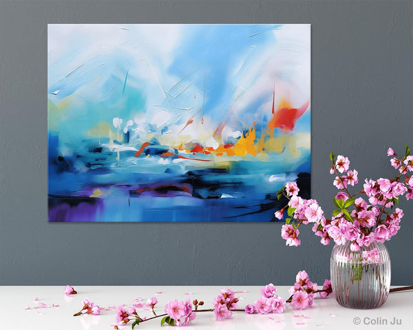 Hand Painted Canvas Art, Blue Original Wall Art Painting for Bedroom, Extra Large Modern Canvas Paintings, Acrylic Paintings on Canvas-LargePaintingArt.com