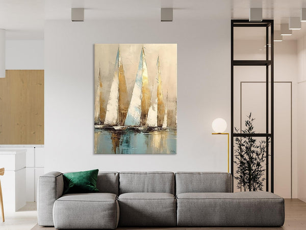 Sail Boat Abstract Painting, Landscape Canvas Paintings for Dining Room, Acrylic Painting on Canvas, Original Landscape Abstract Painting-LargePaintingArt.com