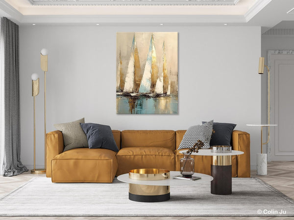 Sail Boat Abstract Painting, Landscape Canvas Paintings for Dining Room, Acrylic Painting on Canvas, Original Landscape Abstract Painting-LargePaintingArt.com
