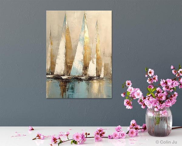 Sail Boat Abstract Painting, Landscape Canvas Paintings for Dining Room, Acrylic Painting on Canvas, Original Landscape Abstract Painting-LargePaintingArt.com