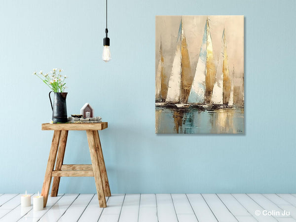Sail Boat Abstract Painting, Landscape Canvas Paintings for Dining Room, Acrylic Painting on Canvas, Original Landscape Abstract Painting-LargePaintingArt.com