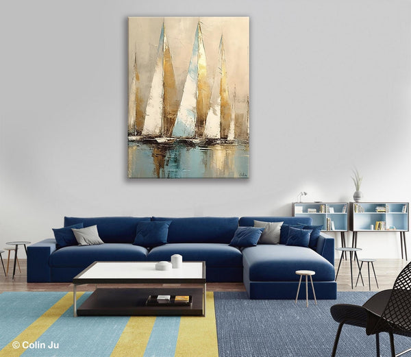 Sail Boat Abstract Painting, Landscape Canvas Paintings for Dining Room, Acrylic Painting on Canvas, Original Landscape Abstract Painting-LargePaintingArt.com