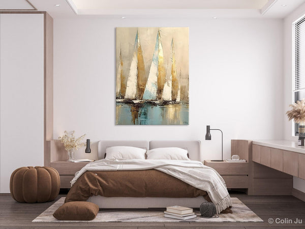 Sail Boat Abstract Painting, Landscape Canvas Paintings for Dining Room, Acrylic Painting on Canvas, Original Landscape Abstract Painting-LargePaintingArt.com