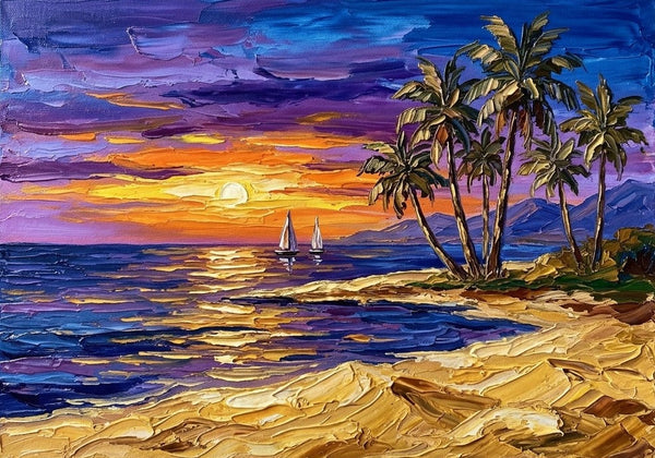 Impasto Sunset Ocean, Seashore Beach Painting, Small Canvas Artwork for Sale, Original Seascape Paintings, Original Oil Paintings, Heavy Texture Paintings