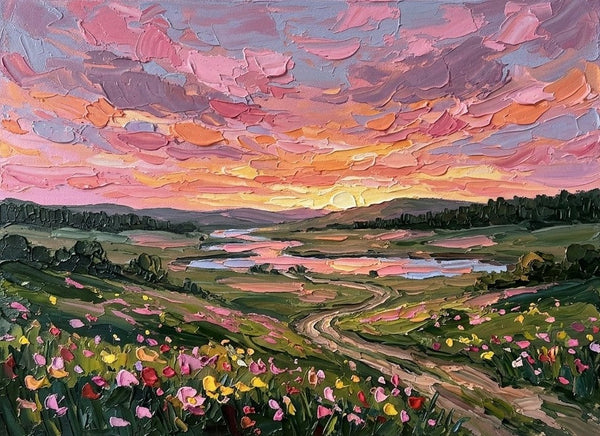 Original Oil Paintings for Sale, Sunset Over the Wildflower Vallery, Original Landscape Paintings, Buy Small Paintings Online, Hand Painted Canvas Art, Small Canvas Artwork