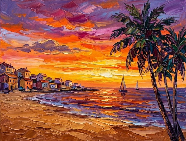 Tropical Sunset Sails on the Coast, Buy Small Paintings Online, Hand Painted Canvas Art, Original Seashore Paintings, Small Canvas Artwork for Sale