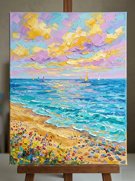 Abstract Seascape Art, Sails Under Sunset Glow, Small Canvas Artwork for Sale, Original Canvas Paintings, Heavy Texture Paintings on Canvas
