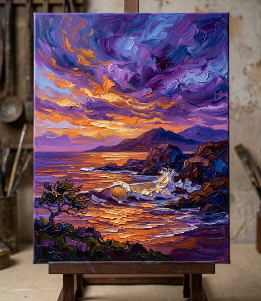 Small Canvas Artwork for Sale, Big Wave Painting, Purple Clouds Over the Sea, Buy Small Paintings Online, Hand Painted Canvas Art, Original Seashore Paintings