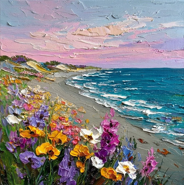 Seaside Flower Wilderness, Seashore Beach Painting, Hand Painted Canvas Art, Original Oil Painting for Sale, Heavy Texture Paintings, Original Landscape Paintings