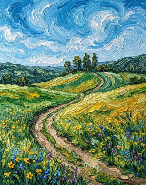 Swirling Sky Over Wildflower Path, Original Landscape Paintings, Original Oil Paintings, Heavy Texture Paintings, Hand Painted Canvas Art, Small Canvas Artwork