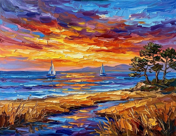 Original Oil Paintings, Sailboats Beneath Sunset Blaze, Original Seascape Paintings, Buy Small Paintings Online, Hand Painted Canvas Art, Small Canvas Artwork