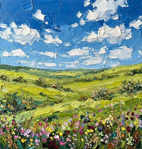 Green Prairie Beneath the Clouds, Hand Painted Canvas Art, Original Oil Painting for Sale, Heavy Texture Paintings, Original Landscape Paintings