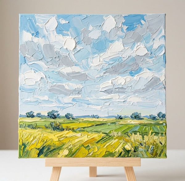 Abstract Landscape Paintings, Original Oil Painting for Sale, Sunny Clouds Drifting Over the Field, Hand Painted Canvas Art, Heavy Texture Paintings
