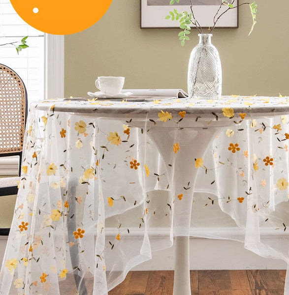 Yellow Flower Lace Tablecloths, Extra Large Rectangular Tablecloth for Oval Table, Lace Embroidered Table Covers, Rectangular Table Covers for Coffee Table-LargePaintingArt.com