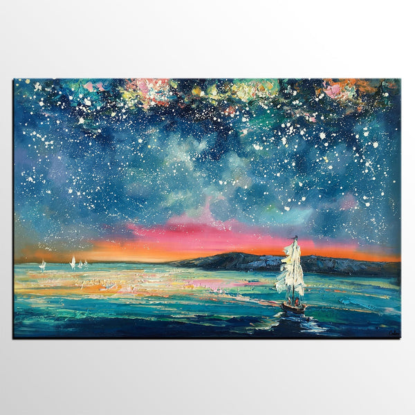 Landscape Oil Paintings, Sail Boat under Starry Night Sky Painting, Landscape Canvas Paintings, Custom Landscape Wall Art Paintings for Living Room-LargePaintingArt.com