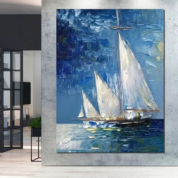 Modern Acrylic Canvas Painting, Simple Painting Ideas for Dining Room, Acrylic Painting on Canvas, Oversized Canvas Painting for Sale, Sail Boat Paintings-LargePaintingArt.com