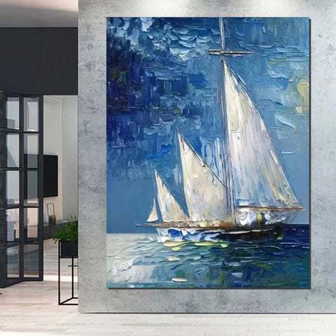 Modern Acrylic Canvas Painting, Simple Painting Ideas for Dining Room, Acrylic Painting on Canvas, Oversized Canvas Painting for Sale, Sail Boat Paintings-LargePaintingArt.com