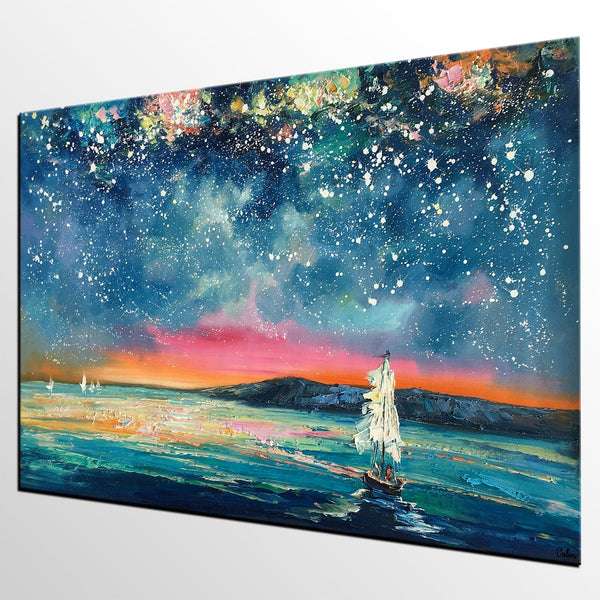 Landscape Oil Paintings, Sail Boat under Starry Night Sky Painting, Landscape Canvas Paintings, Custom Landscape Wall Art Paintings for Living Room-LargePaintingArt.com