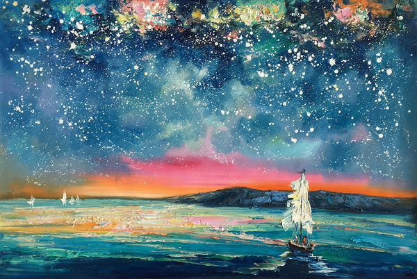 Landscape Oil Paintings, Sail Boat under Starry Night Sky Painting, Landscape Canvas Paintings, Custom Landscape Wall Art Paintings for Living Room