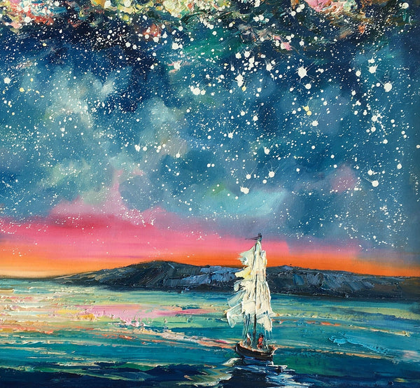 Landscape Oil Paintings, Sail Boat under Starry Night Sky Painting, Landscape Canvas Paintings, Custom Landscape Wall Art Paintings for Living Room-LargePaintingArt.com