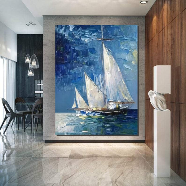 Modern Acrylic Canvas Painting, Simple Painting Ideas for Dining Room, Acrylic Painting on Canvas, Oversized Canvas Painting for Sale, Sail Boat Paintings-LargePaintingArt.com