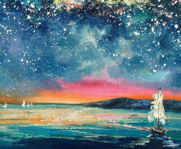 Landscape Oil Paintings, Sail Boat under Starry Night Sky Painting, Landscape Canvas Paintings, Custom Landscape Wall Art Paintings for Living Room-LargePaintingArt.com