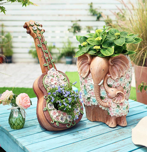 Modern Garden Flower Pot, Unique Guitar Flowerpot for Garden Ornaments, Beautiful Guitar Flowerpot, Villa Outdoor Decor Gardening Ideas-LargePaintingArt.com
