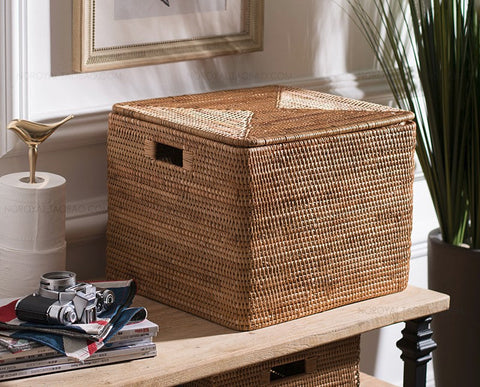 Large Storage Baskets for Clothes, Laundry Woven Baskets, Rattan Storage Baskets for Shelves, Kitchen Storage Baskets, Rectangular Storage Basket with Lid-LargePaintingArt.com