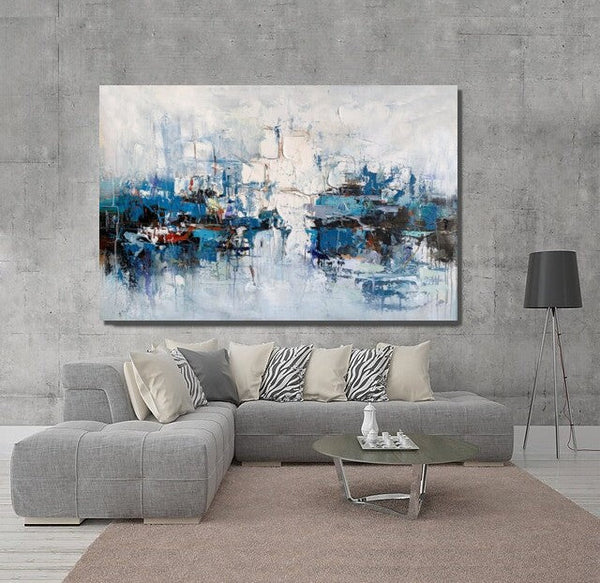 Large Wall Art Paintings Behind Sofa, Acrylic Paintings on Canvas, Acrylic Painting for Bedroom, Blue Modern Paintings, Heavy Texture Canvas Art-LargePaintingArt.com