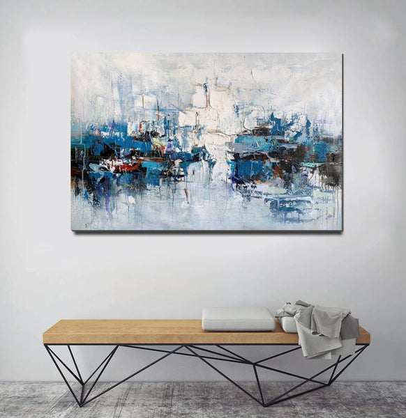 Large Wall Art Paintings Behind Sofa, Acrylic Paintings on Canvas, Acrylic Painting for Bedroom, Blue Modern Paintings, Heavy Texture Canvas Art-LargePaintingArt.com