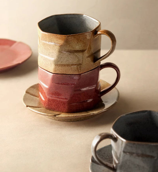 Unique Tea Cup and Saucer, Modern Handmade Pottery Coffee Cup, Creative Ceramic Coffee Cup with Saucer, Tea Cup Set for Afternoon Tea-LargePaintingArt.com