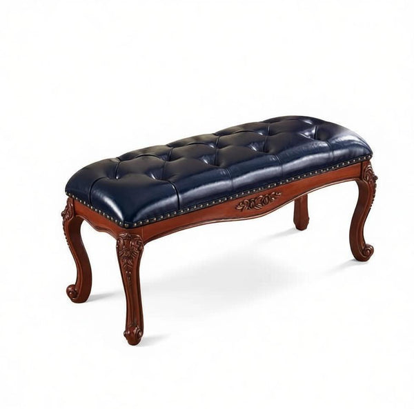 Entryway Bench, Leather Lounge Chair Modern, Farmhouse Blue Leather Stool, Genuine Leather Solid Wood Entry Bench, Vintage Dressing Table Stool, Rubber Wood Footstool-LargePaintingArt.com