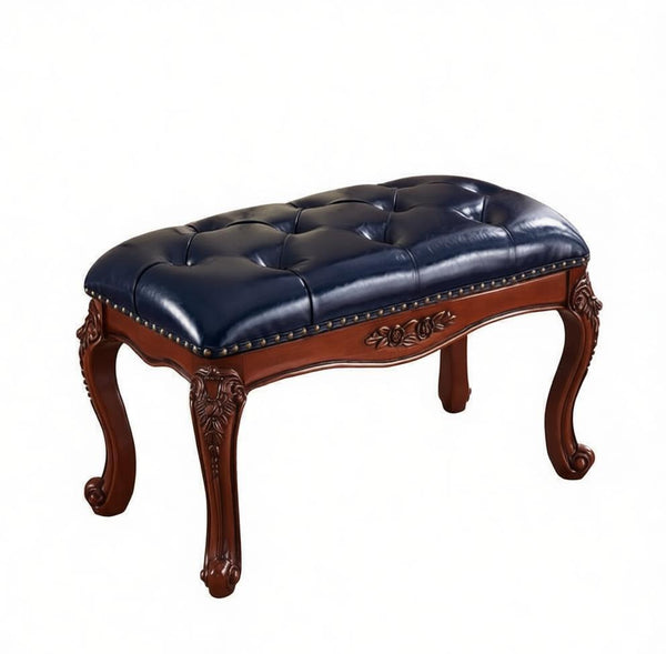 Entryway Bench, Leather Lounge Chair Modern, Farmhouse Blue Leather Stool, Genuine Leather Solid Wood Entry Bench, Vintage Dressing Table Stool, Rubber Wood Footstool-LargePaintingArt.com