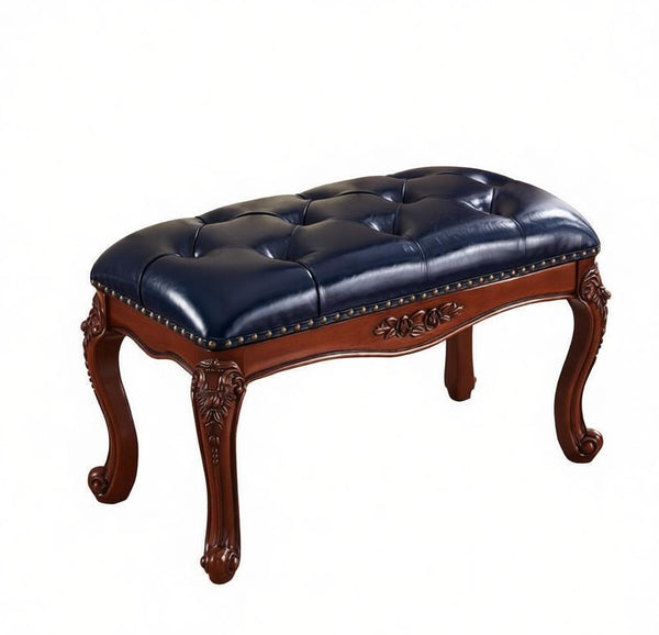 Entryway Bench, Leather Lounge Chair Modern, Farmhouse Blue Leather Stool, Genuine Leather Solid Wood Entry Bench, Vintage Dressing Table Stool, Rubber Wood Footstool-LargePaintingArt.com