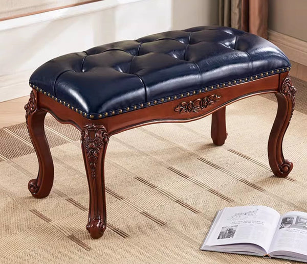 Entryway Bench, Leather Lounge Chair Modern, Farmhouse Blue Leather Stool, Genuine Leather Solid Wood Entry Bench, Vintage Dressing Table Stool, Rubber Wood Footstool-LargePaintingArt.com