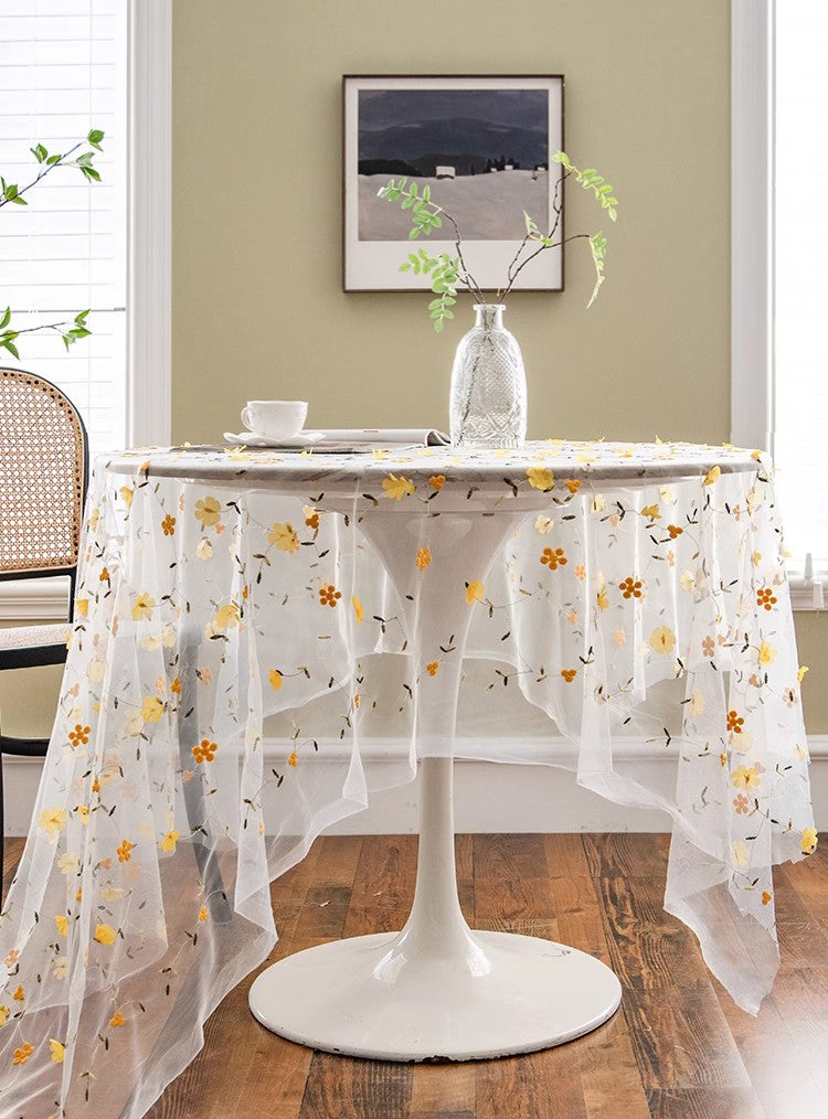 Yellow Flower Lace Tablecloths, Extra Large Rectangular Tablecloth for Oval Table, Lace Embroidered Table Covers, Rectangular Table Covers for Coffee Table-LargePaintingArt.com
