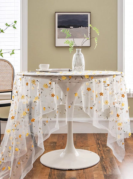 Yellow Flower Lace Tablecloths, Extra Large Rectangular Tablecloth for Oval Table, Lace Embroidered Table Covers, Rectangular Table Covers for Coffee Table-LargePaintingArt.com
