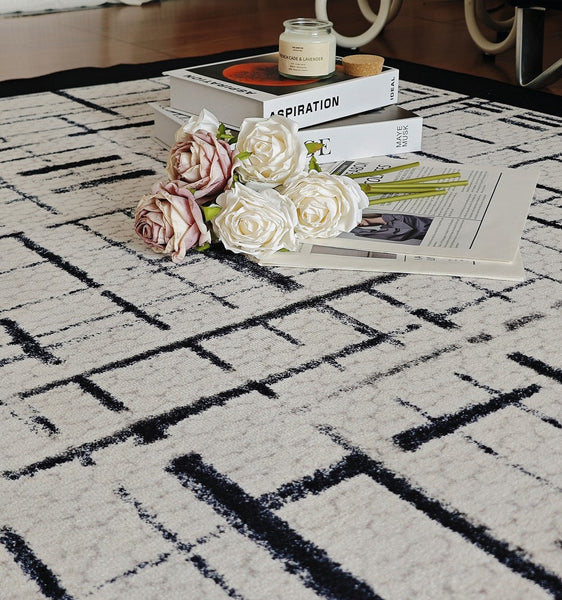 Modern Rugs for Living Room, Black Contemporary Modern Rugs, Modern Rugs for Dining Room, Abstract Contemporary Rugs Next to Bed-LargePaintingArt.com