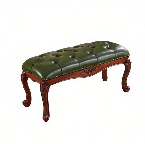Farmhouse Entryway Bench, Leather Lounge Chair Modern, Green Leather Stool, Genuine Leather Solid Wood Entry Bench, Vintage Dressing Table Stool, Rubber Wood Footstool-LargePaintingArt.com