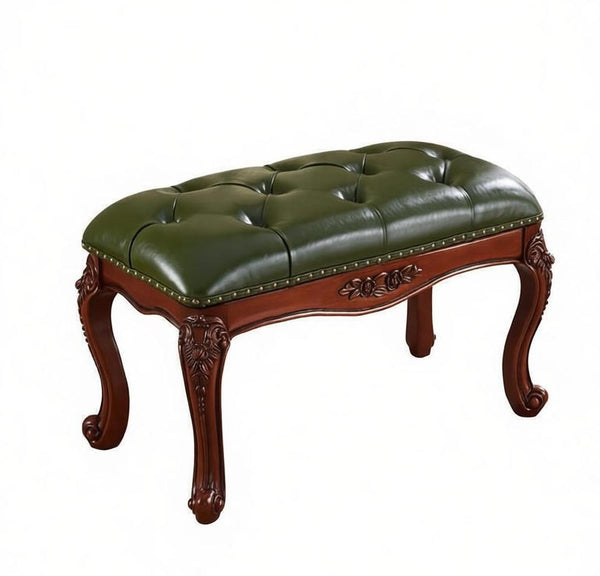 Farmhouse Entryway Bench, Leather Lounge Chair Modern, Green Leather Stool, Genuine Leather Solid Wood Entry Bench, Vintage Dressing Table Stool, Rubber Wood Footstool-LargePaintingArt.com